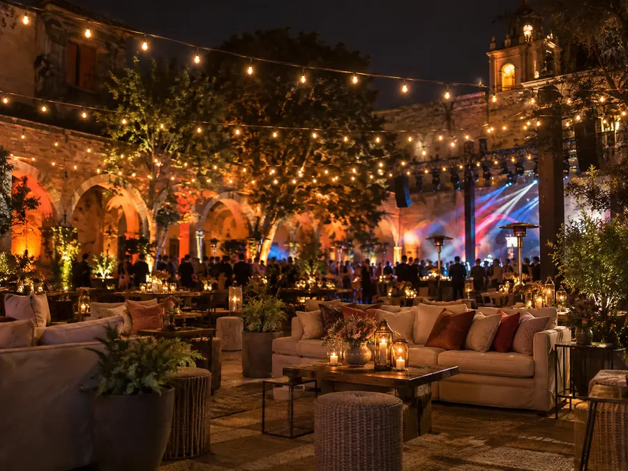 Terraza con guirnaldas de luz para evento nocturno