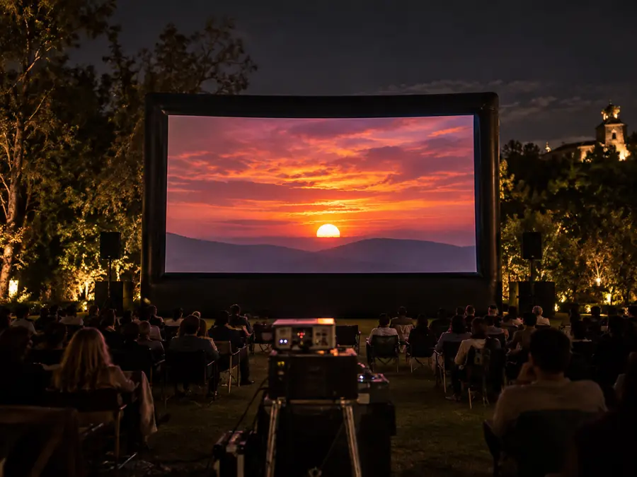Pantalla inflable con proyector en un jardín de noche