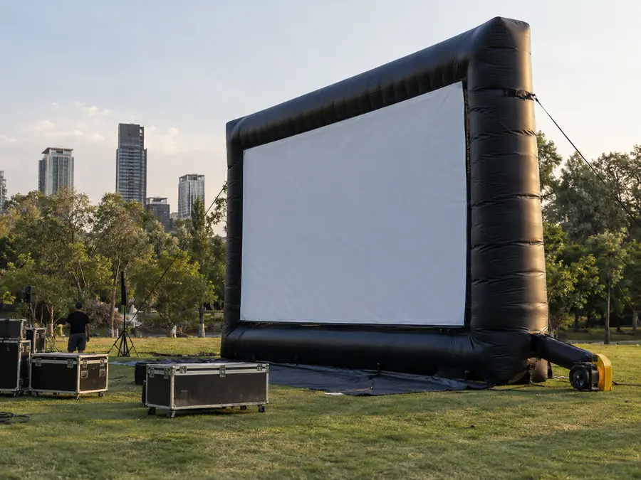 Pantalla inflable inflándose en un jardín