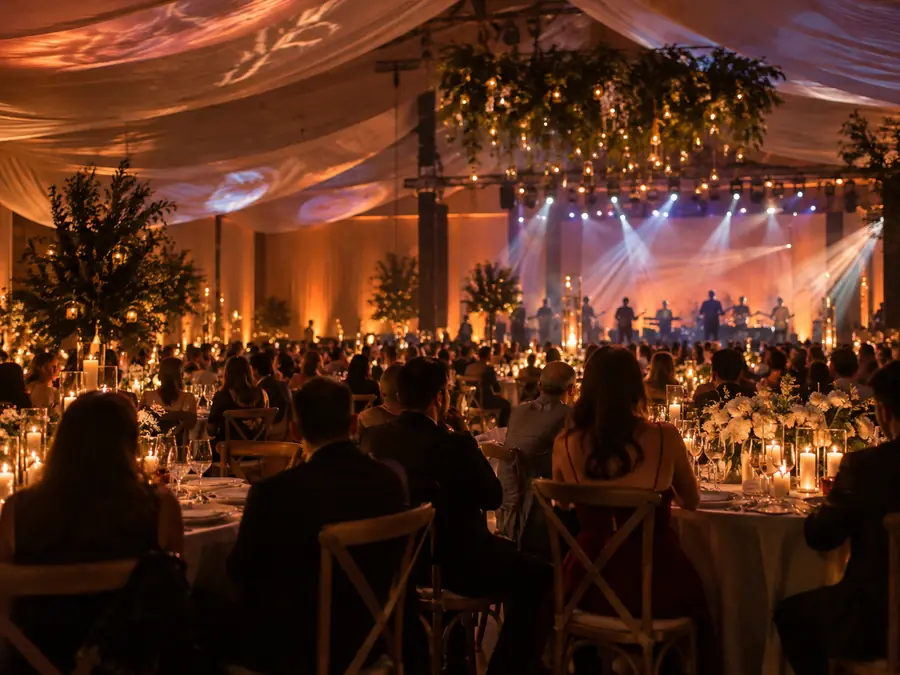 Recepción de boda con uplighting LED ámbar en los muros