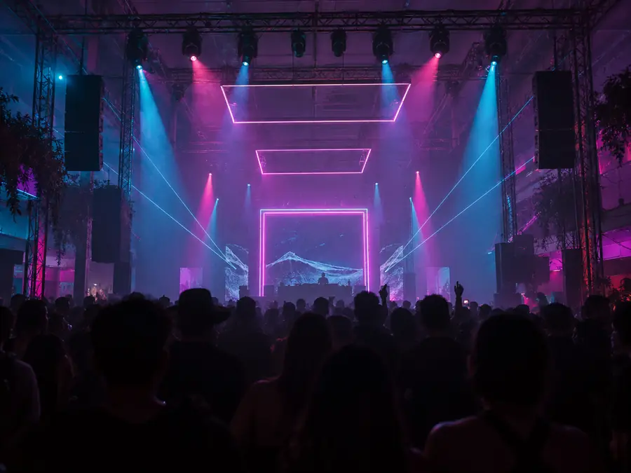 Cabina de DJ enmarcada con instalaciones de neón