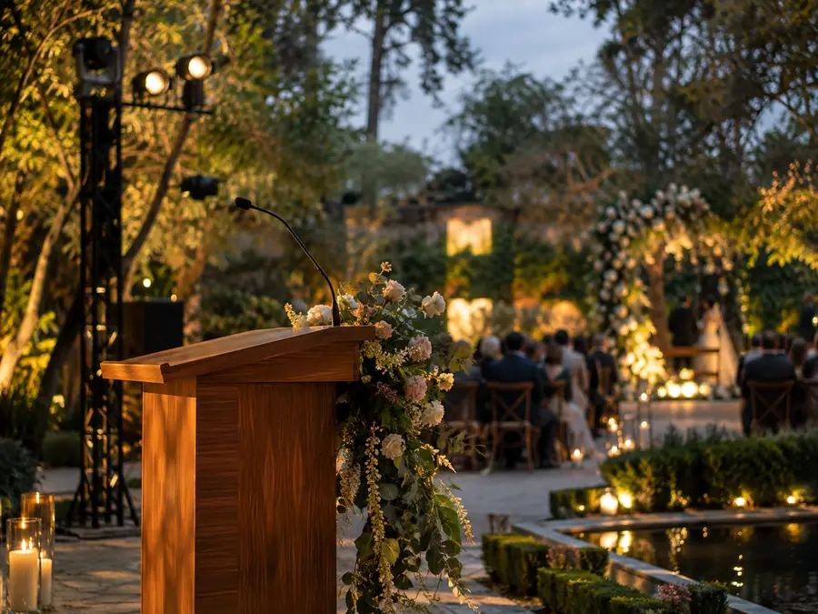 Atril de madera en una ceremonia de boda en jardín