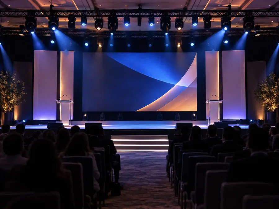 Escenario corporativo con templete y dos podiums