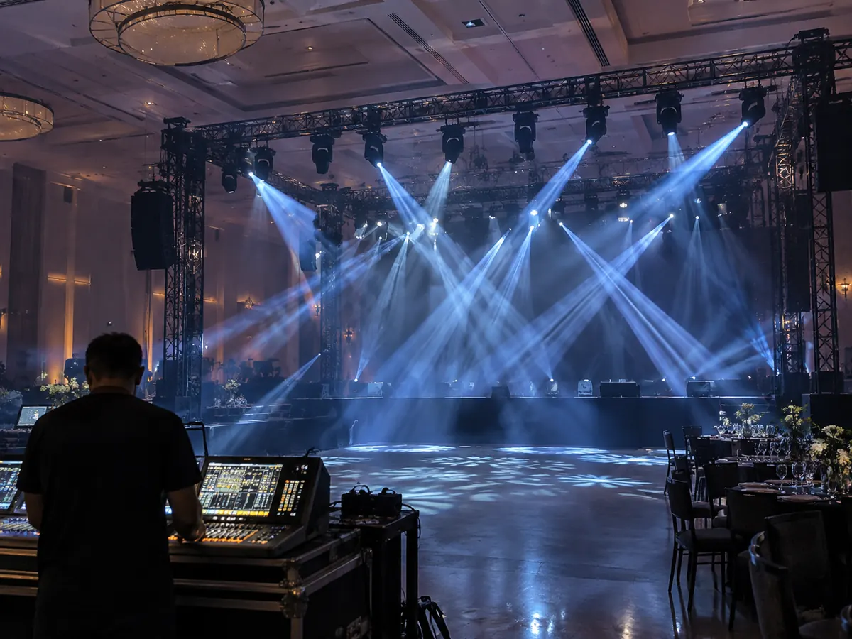 Estructura de truss con cabezas móviles proyectando haces de luz azul sobre un salón